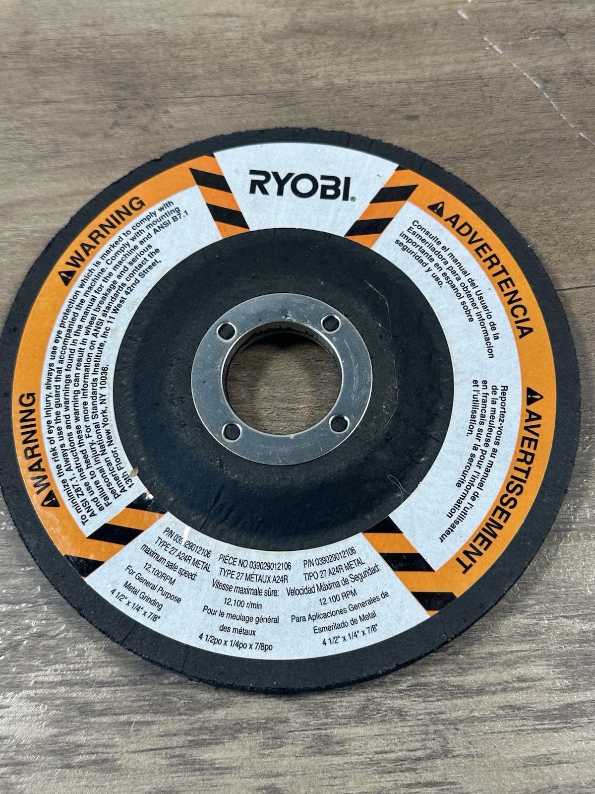 Ryobi- Ridgid OEM 039029012106 Grinding Wheel Disc 4-1/2″×1/4″×7/8″ Type 27