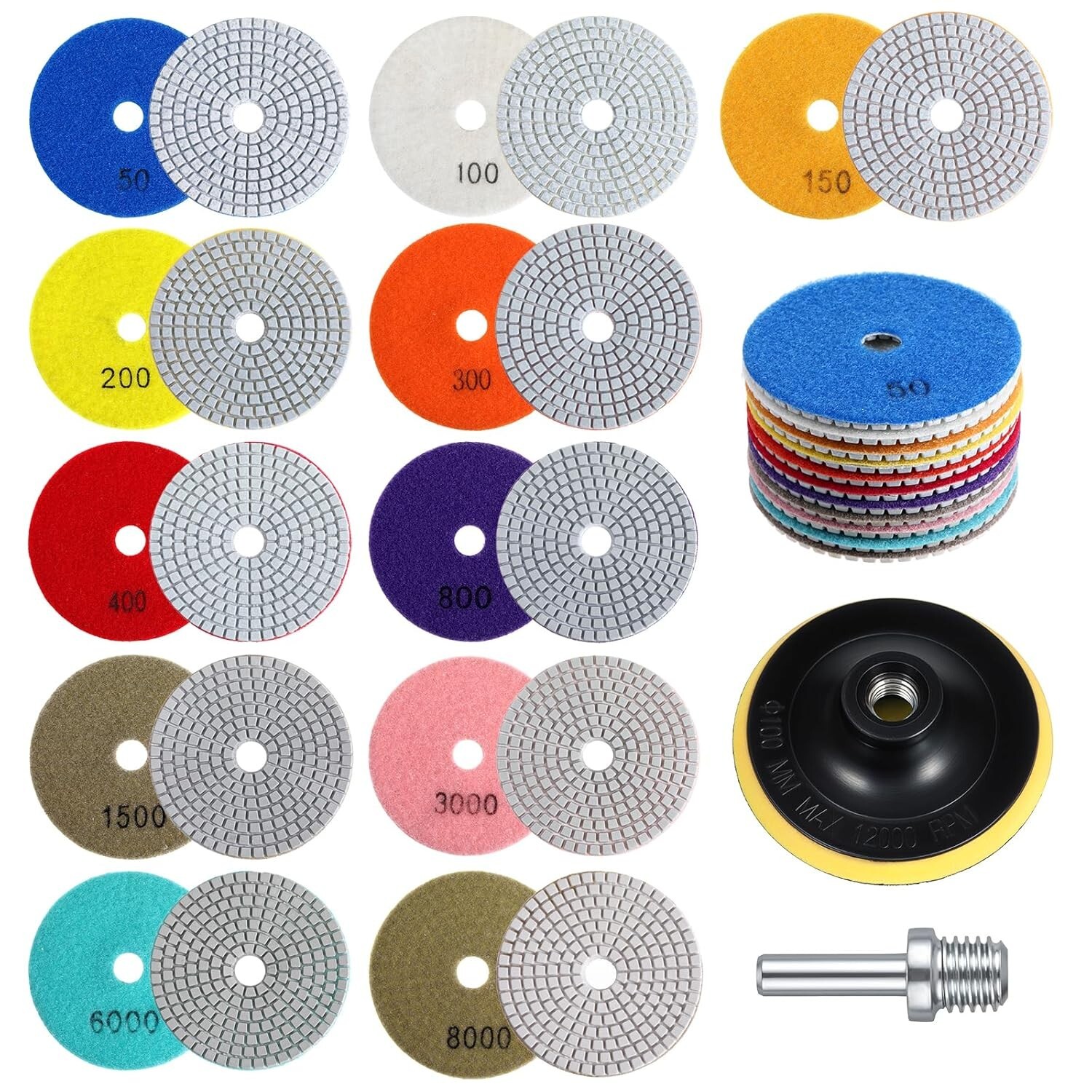 Kit 13Pzs Almohadillas Diamante 4″ 50–8000 Grit para Granito Mármol Hormigón