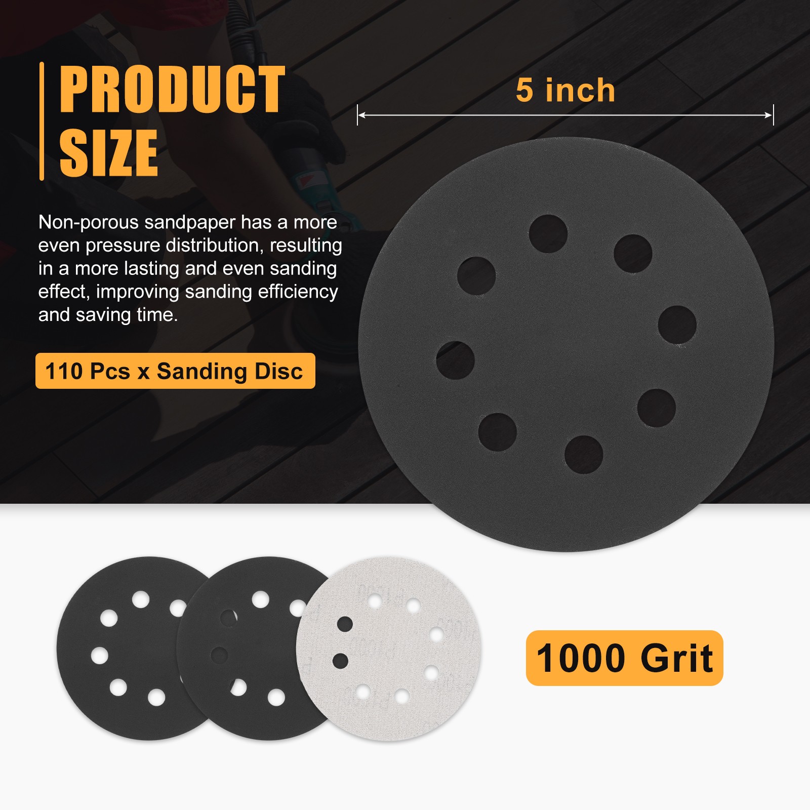 110 Pcs 5 Inch Sanding Disc 1000 Grit 8 Hole Round Hook and Loop Sandpaper,Black