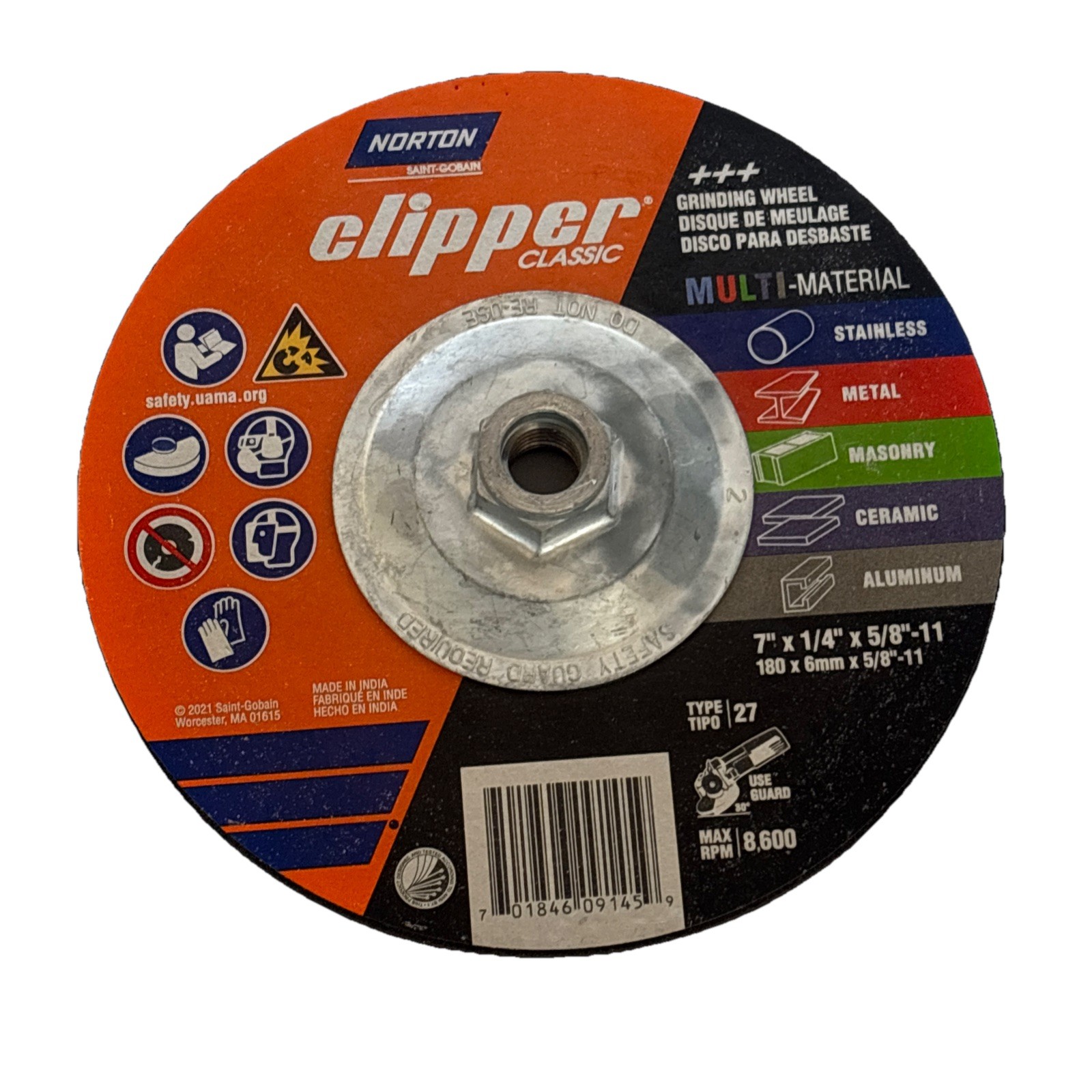 Norton Clipper Classic Grinding Wheel 7″ x 1/4″ x 5/8″ – 11 Metal Wood Plastic