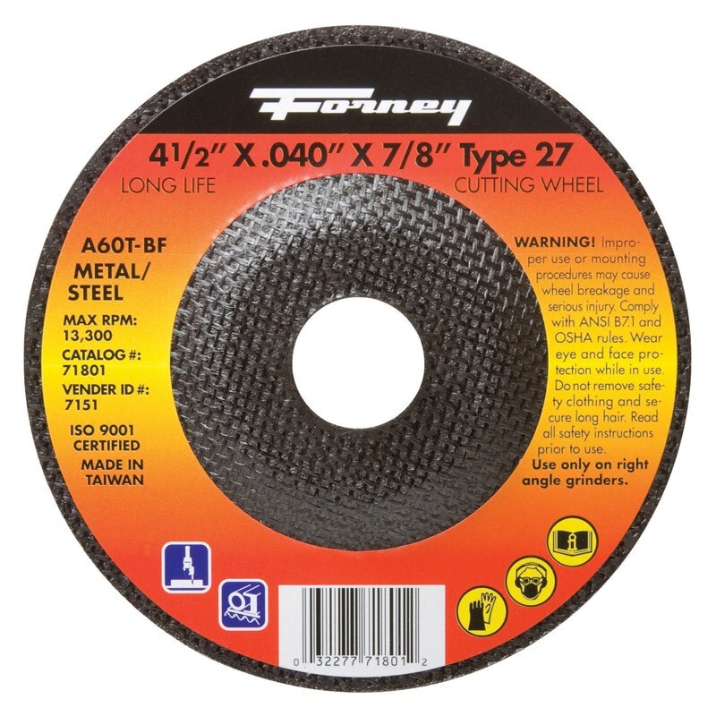Forney 4-1/2′ X .040″ X 7/8″ Type 27 Aluminum Oxide Metal Cutting Wheel 1 pc
