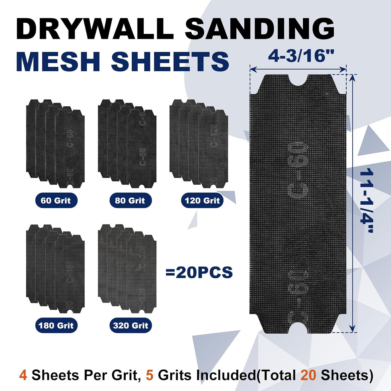 20Pcs 4-3/16″X11-1/4 Drywall Sanding Screen, 60-320 Grit Mesh Sandpaper | Silico