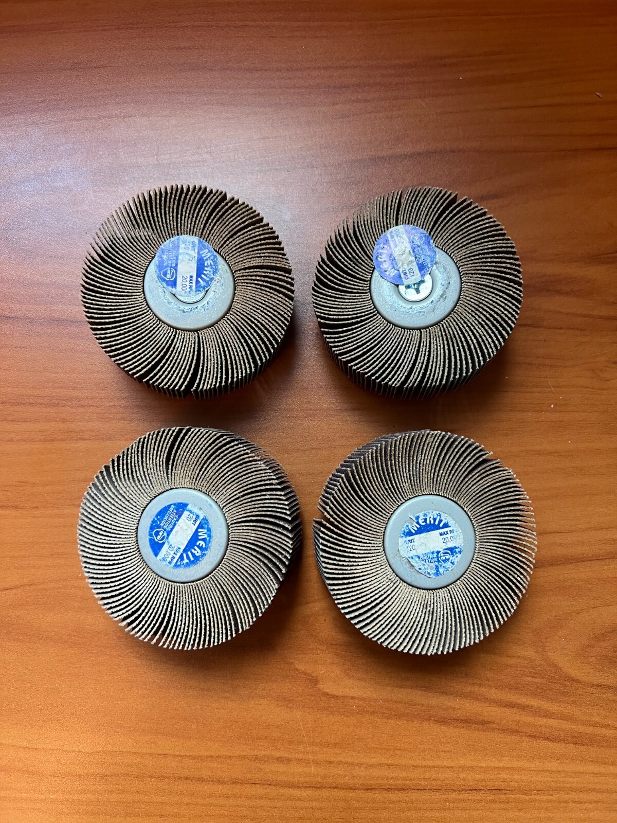 4 Pack MERIT 35017 3IN DIA X 1IN. 1/4 THREAD ALUM OXIDE FLAP WHEEL SANDING