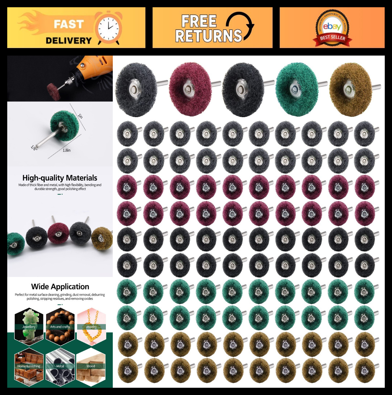 100pcs Buffing Polishing Wheels 1″ for Rotary Tools – 120 to 600 Grit Abrasive W
