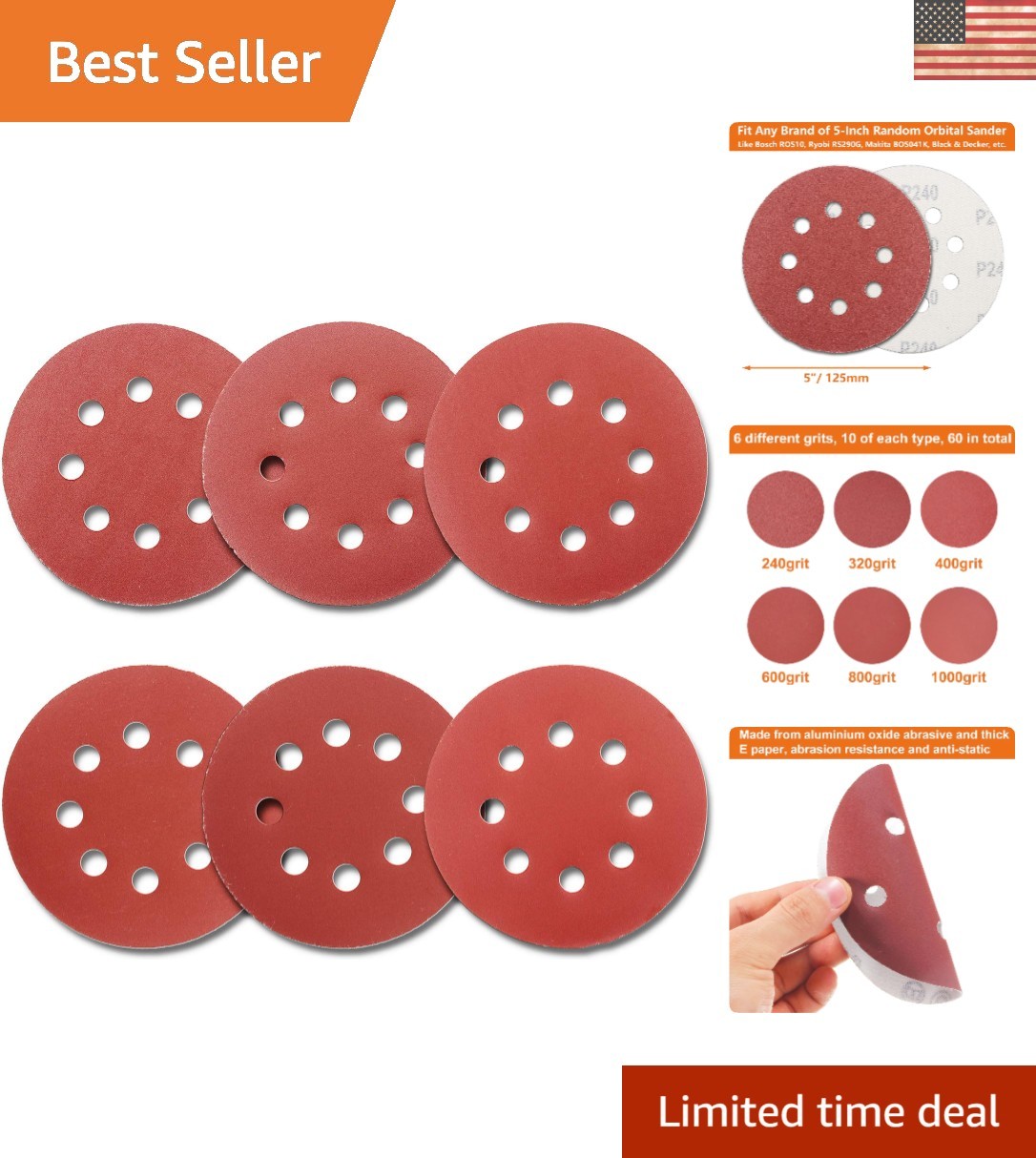 Aluminum Oxide Sanding Discs 60 Pcs – 5 Inch, 6 Grits for Polishing & Finishing