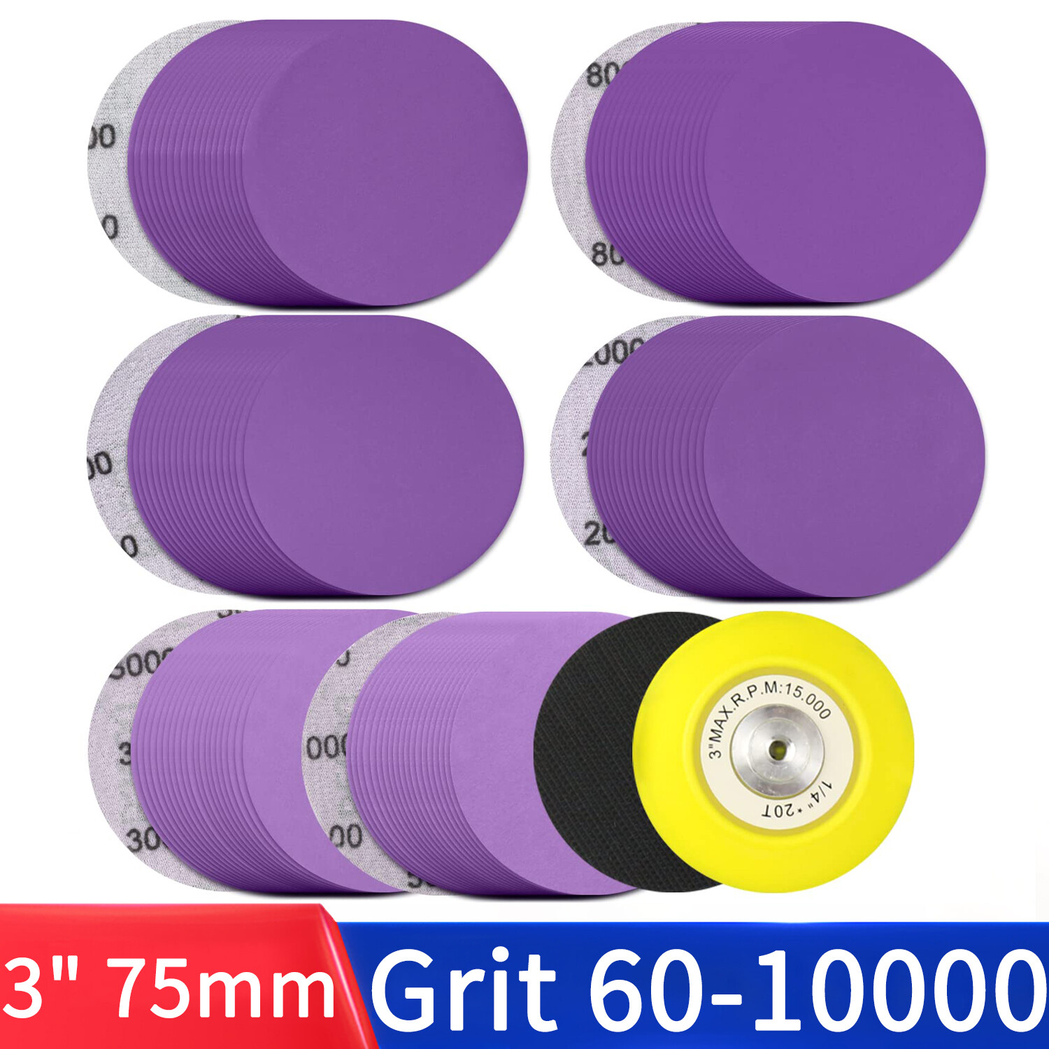 75mm Wet and Dry Sanding Discs 3 inch Sandpaper Hook and Loop Pads Grit 60-10000