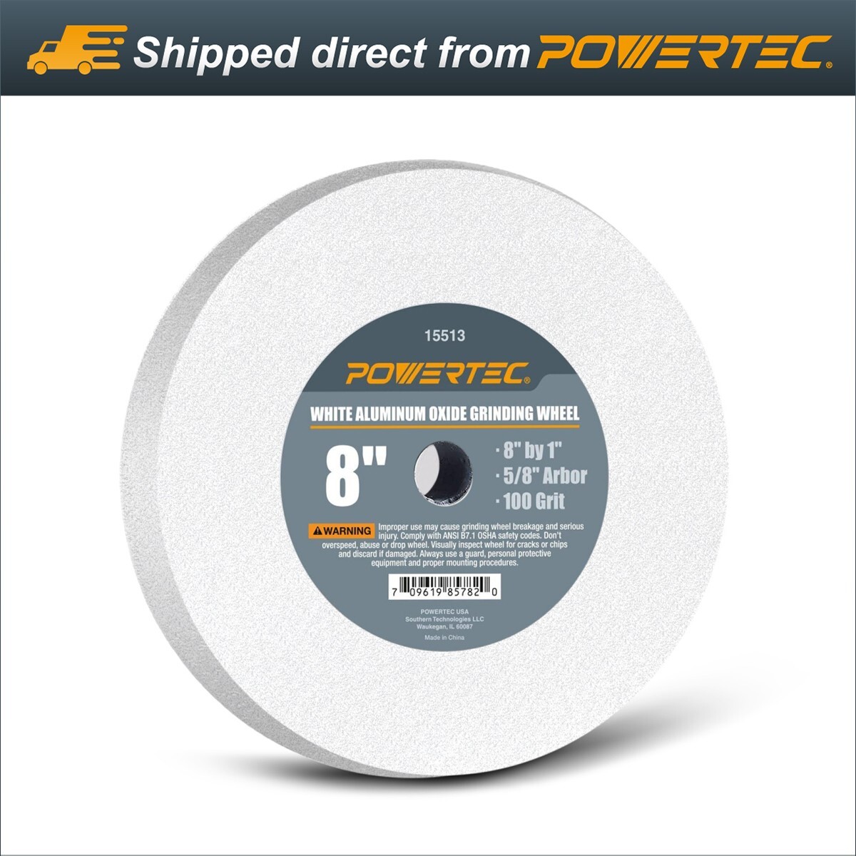 POWERTEC Grinding Wheel 8×1″ Disc with 5/8″ Arbor 100 Grits Aluminum (15513)
