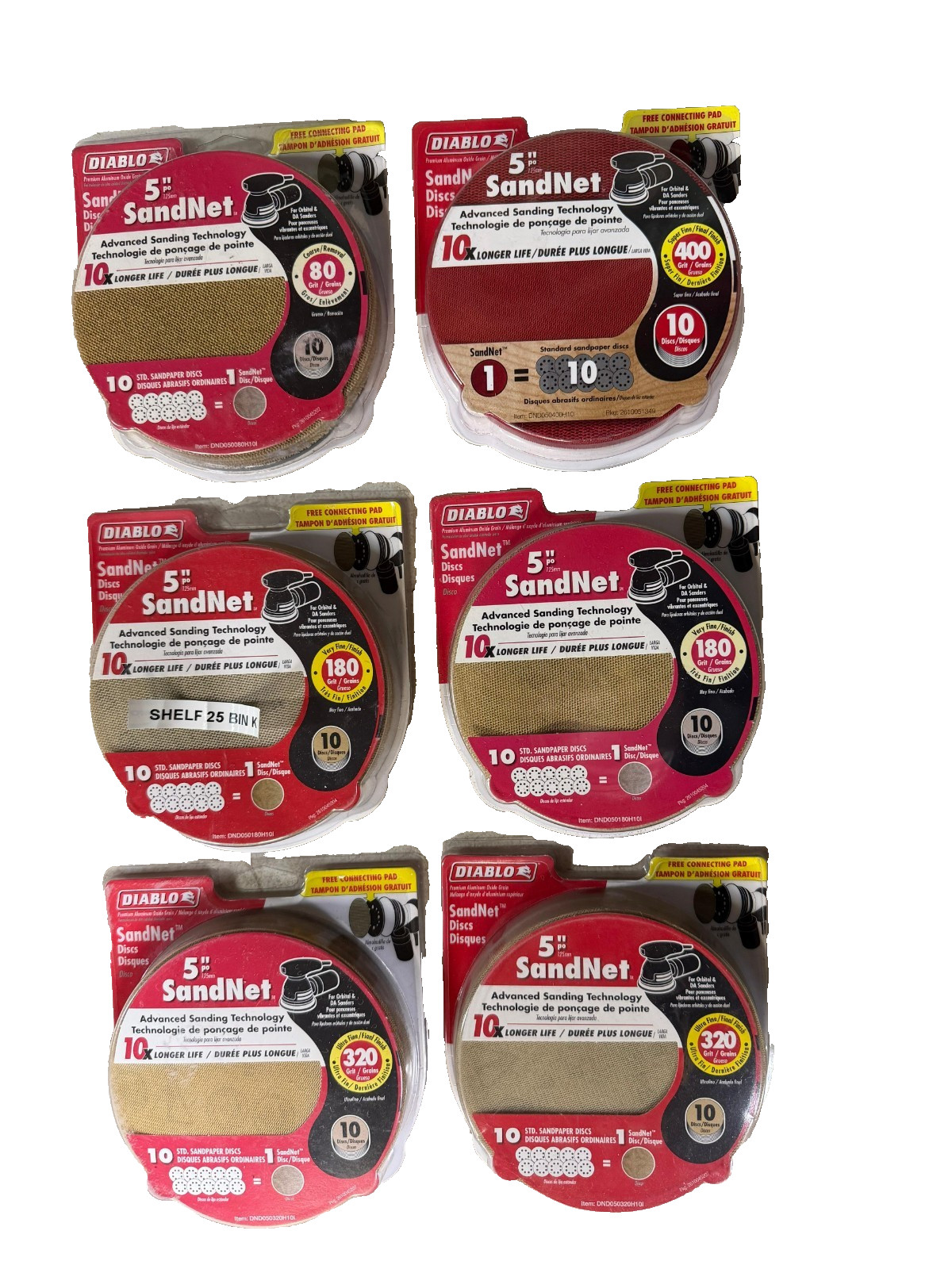 LOT OF 6 Diablo 5″ Sandnet Discs 80/180/180/320/400 Grit