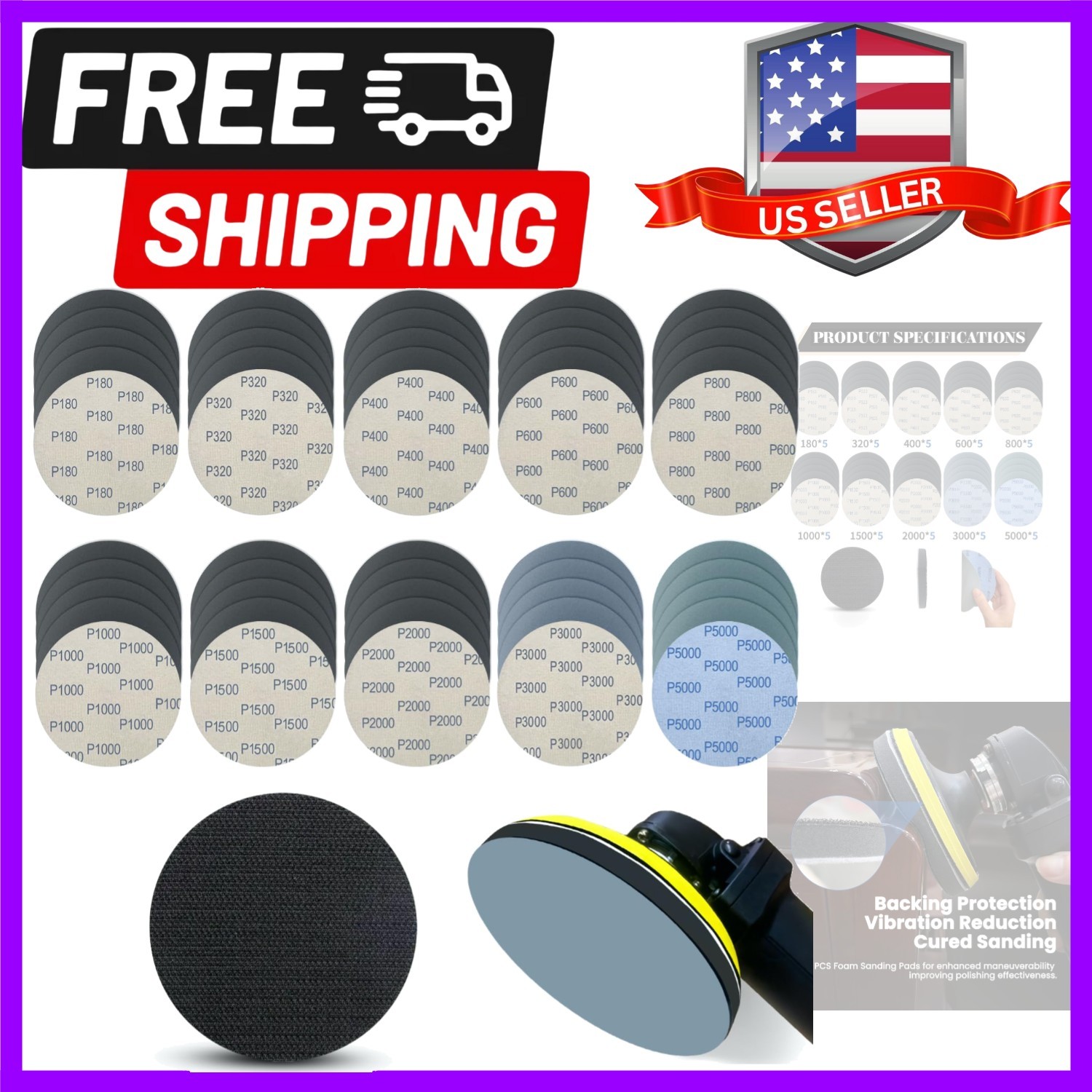 5 Inch 51pcs Wet Dry Sanding Discs Hook and Loop Foam Backing Pad, Waterproof…