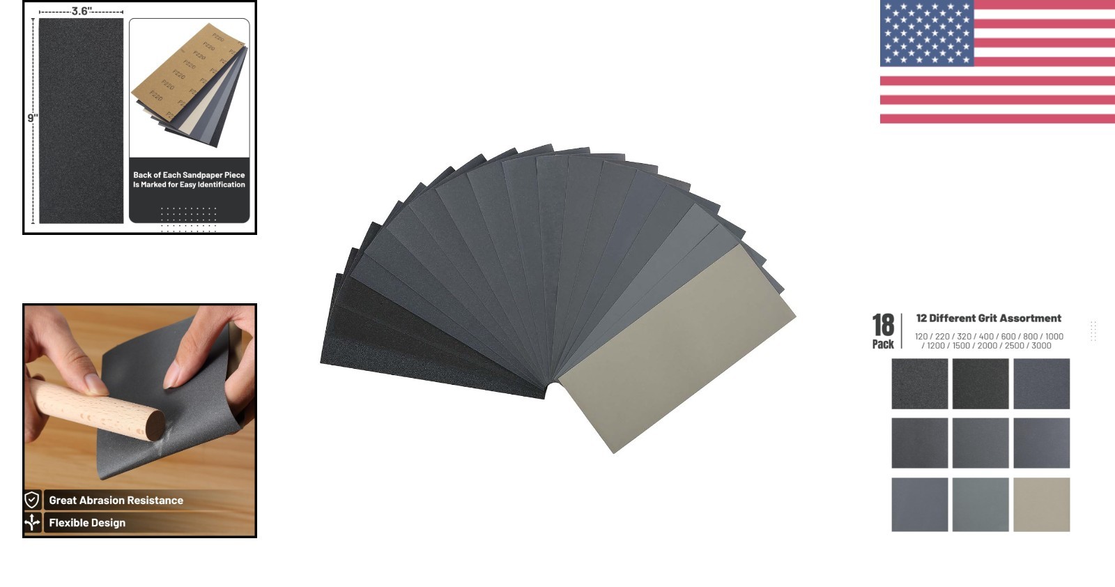 Bates 18 Pack Assorted Sandpaper – 12 Grits from 120 to 3000 for Versatile Fi…