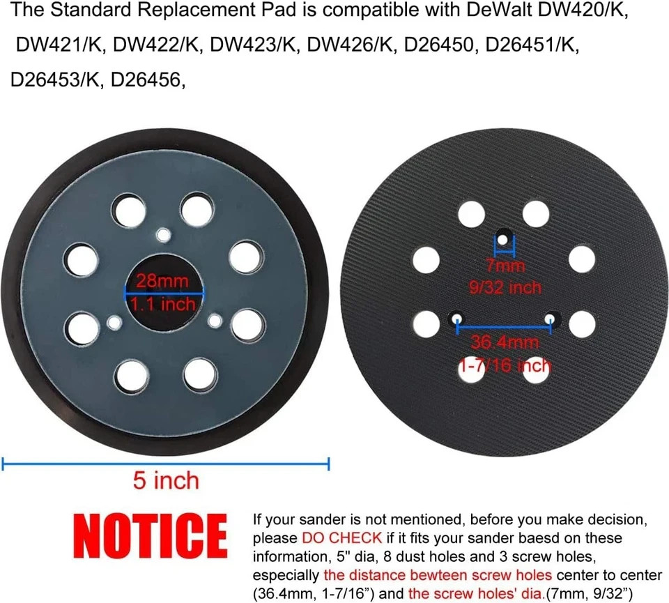 5 Inch 8 Hole Hook and Loop Replacement Sander Pad for Dewalt DW420, DW421, Dw42