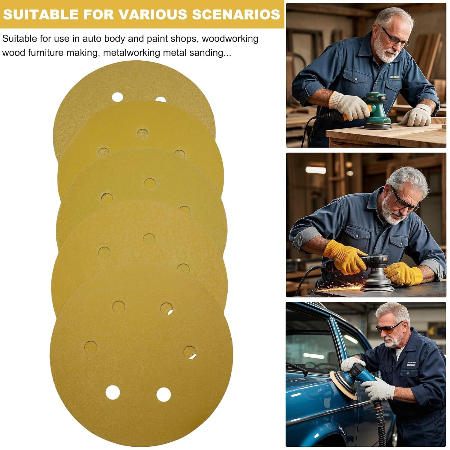 50 Pack 6 Inch 6 Hole Gold Sanding Discs – 80, 180, 220, 320, 400 Grit Dustless