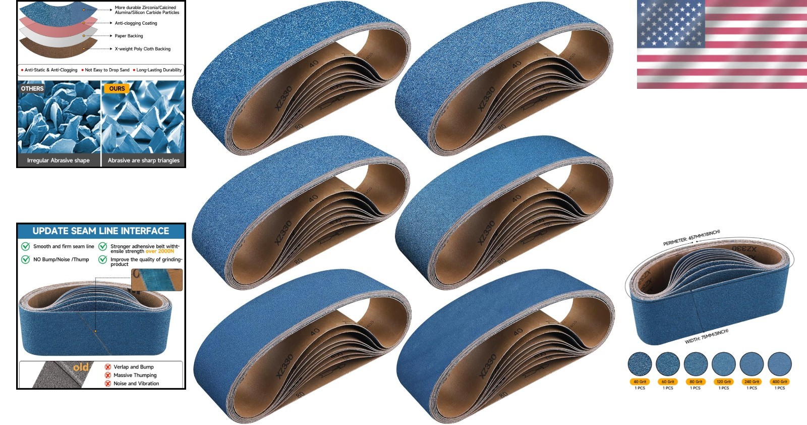 3×18 Inch Zirconia Sanding Belts Set – 40-400 Grit for Wood and Metal Finishing
