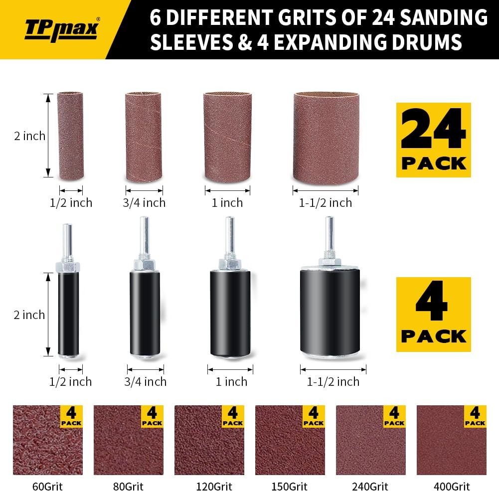 28 PCS Sanding Drum Sleeve Kit Assorted Grits Fits 1/2 3/4 1 11/2 Inch Dia