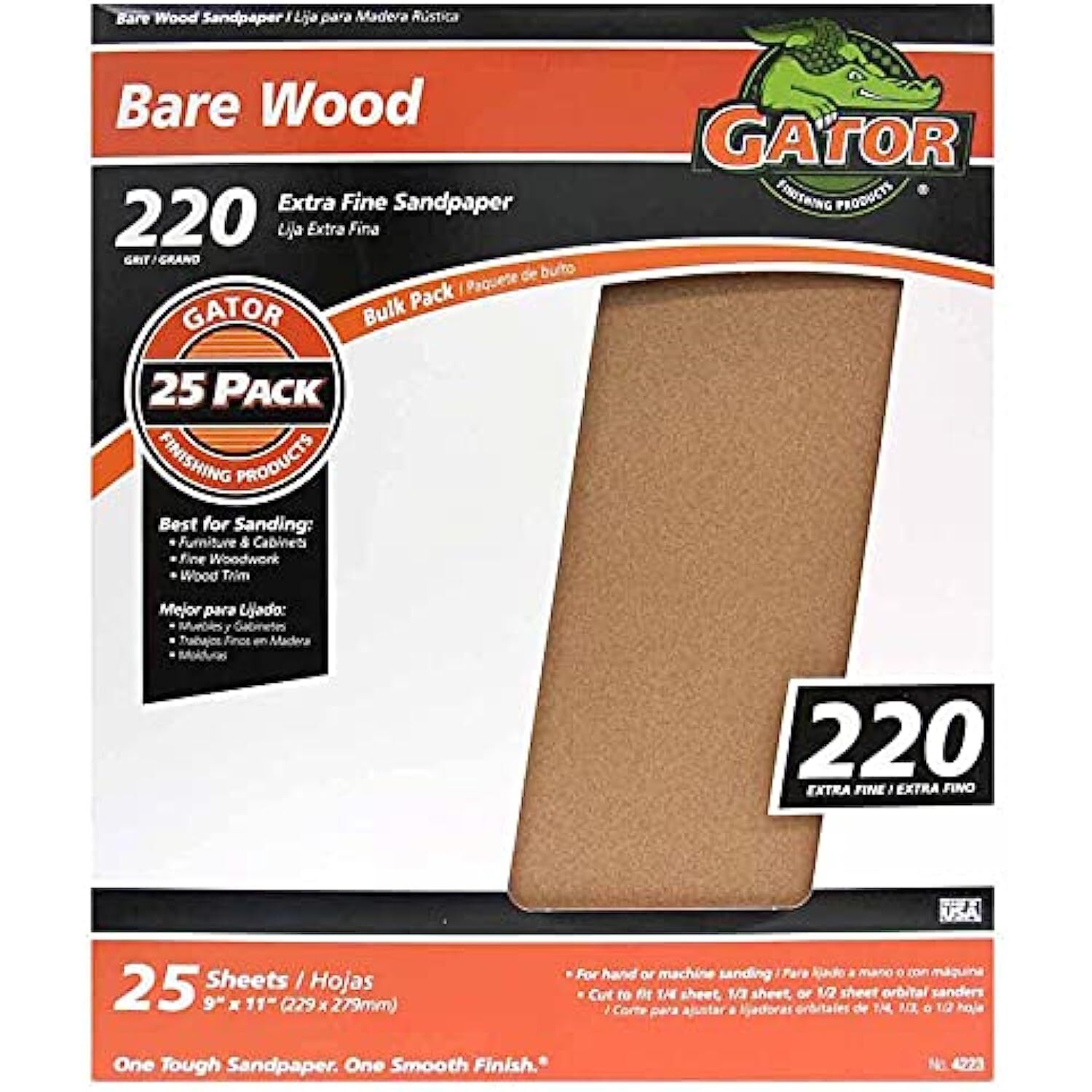 Gator 9″ x 11″ Bare Wood Sanding Sheets, 220 Grit, 25 Pack