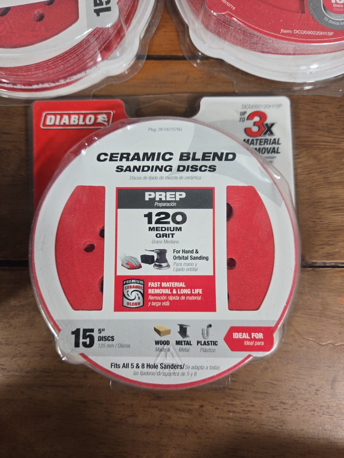 (45-Pk) Diablo 80/120/220 Grit Universal Hole Random Orbital Sanding Disc 5″