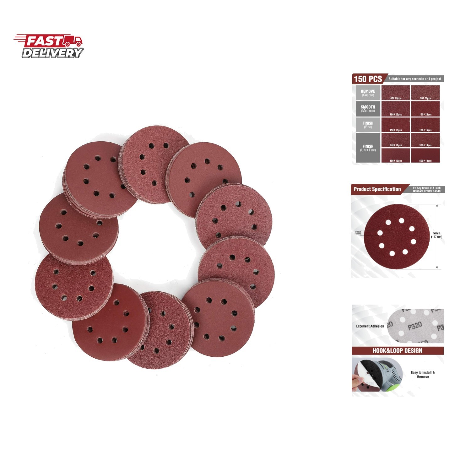 150-piece Sanding Discs Set – 5-Inch 8-Hole Sandpaper 10 Grades Include 60, 8…