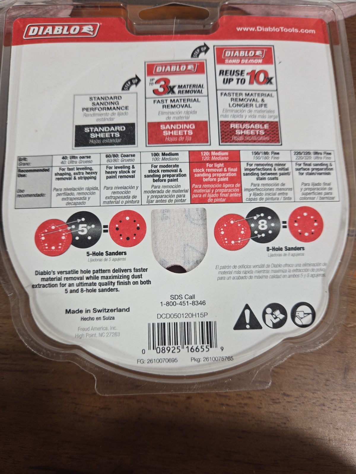 (45-Pk) Diablo 80/120/220 Grit Universal Hole Random Orbital Sanding Disc 5″