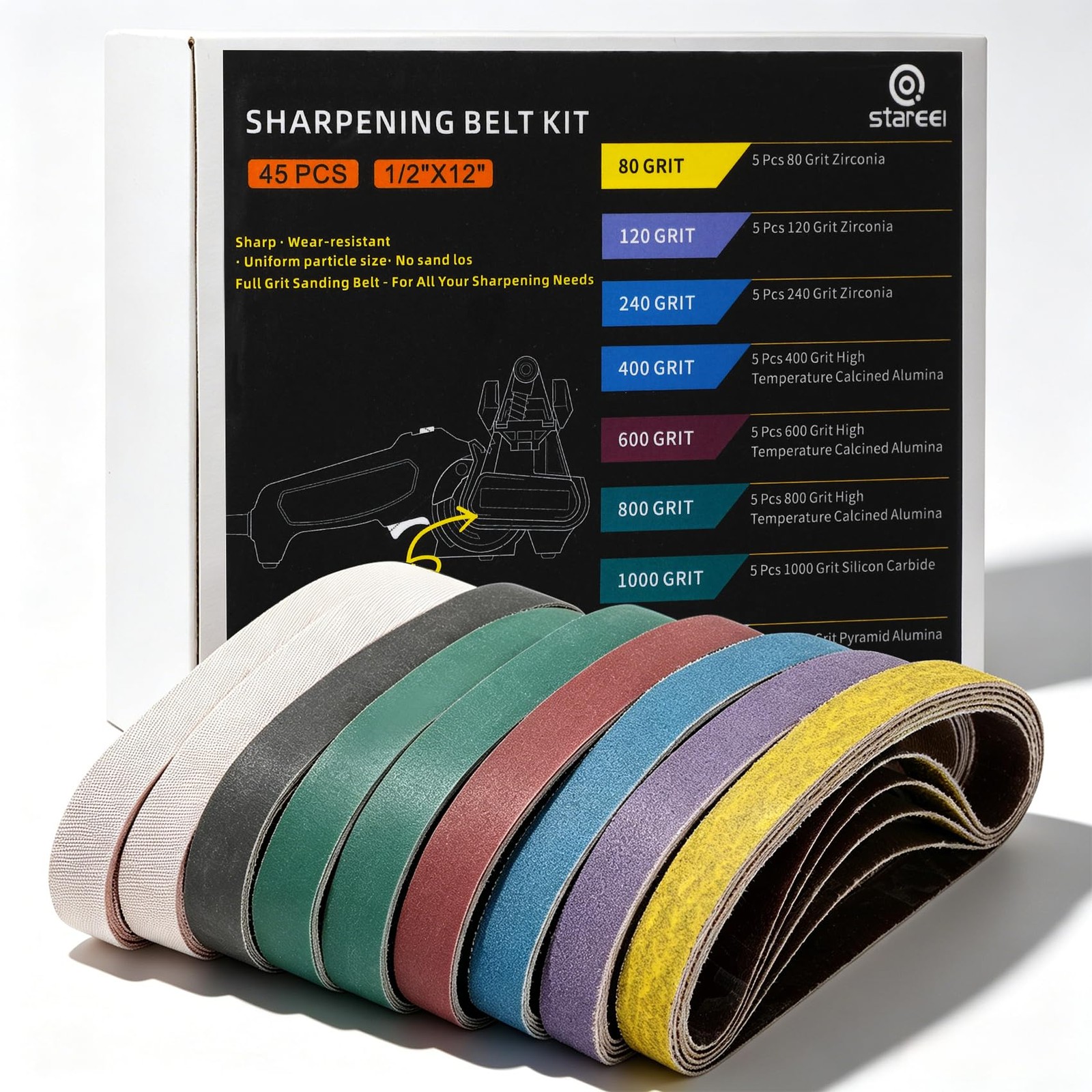 45 Pcs 1/2″ x 12″ Replacement Sharpening Belt Kit for Official Work Sharp Kni…
