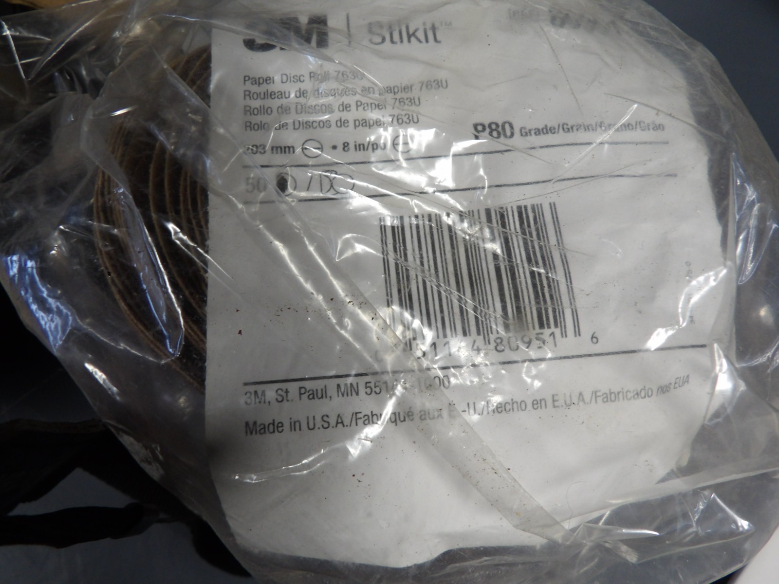 3M Stikit Paper Disc Roll 763U, P80 , 8 in * 50 Discs/Roll x 4 rolls in case