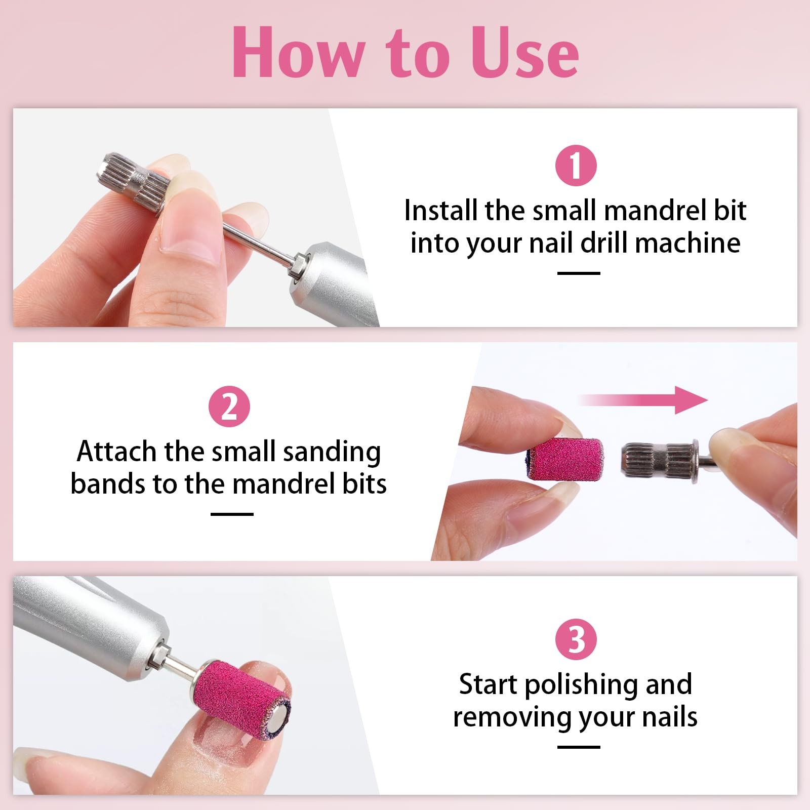 BEVTEE 200Pcs Sanding Bands for Nail Drill, 180 Grit, Pink 180Fine,