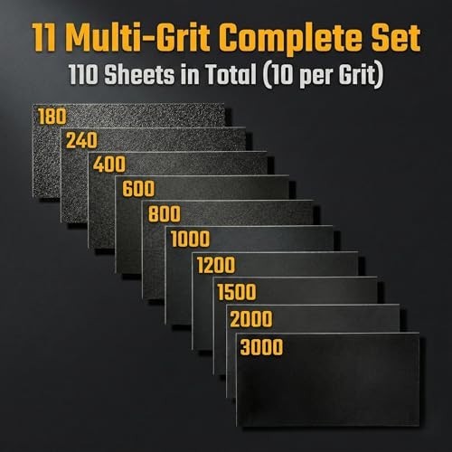 110 PCS Assorted Grit Sandpaper Sheets 120-3000, Wet Dry Kit for Wood, Metal & A