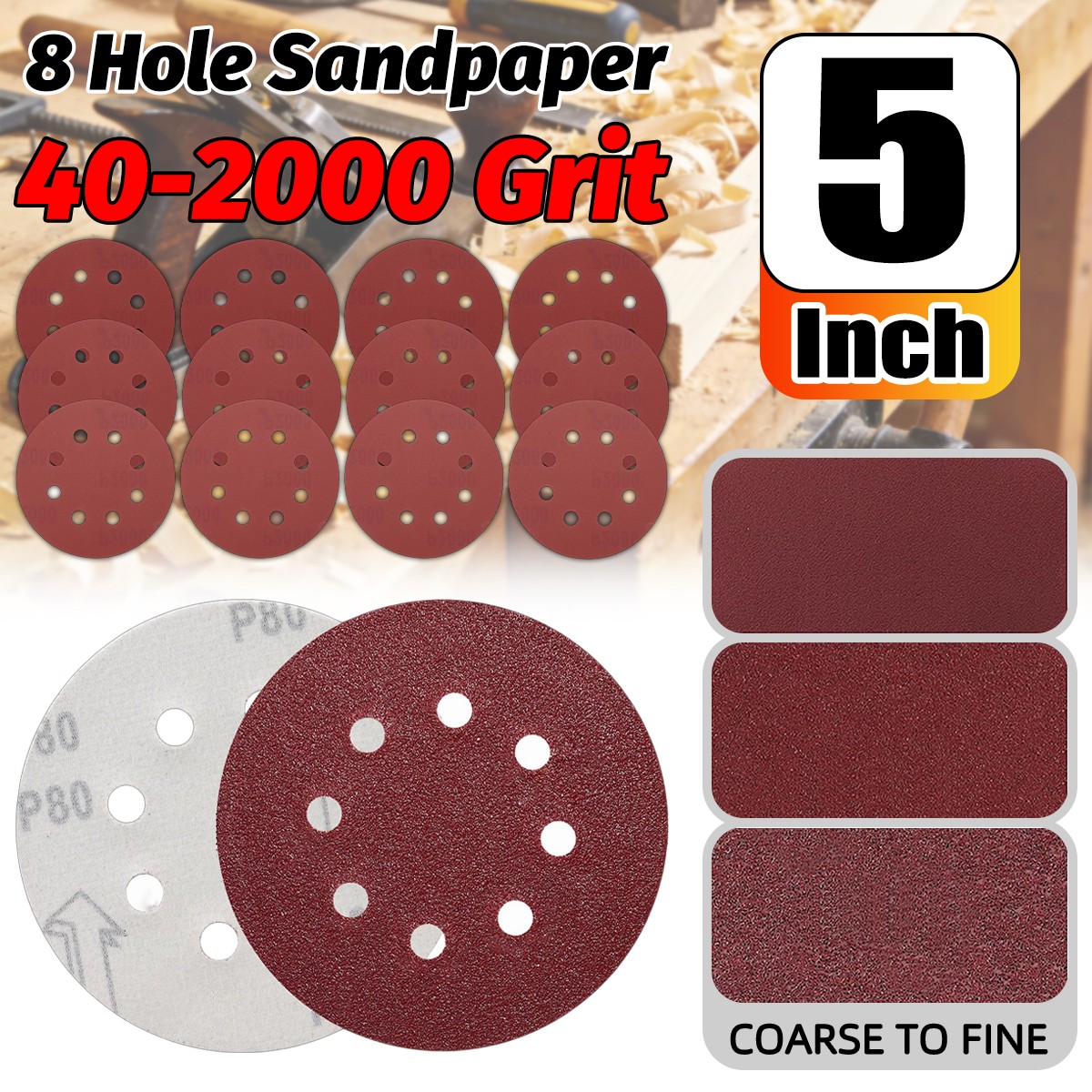 Sanding Discs 125mm 5″ 8-Hole P40 to P2000 Grits Orbital Sander Pad Sandpaper