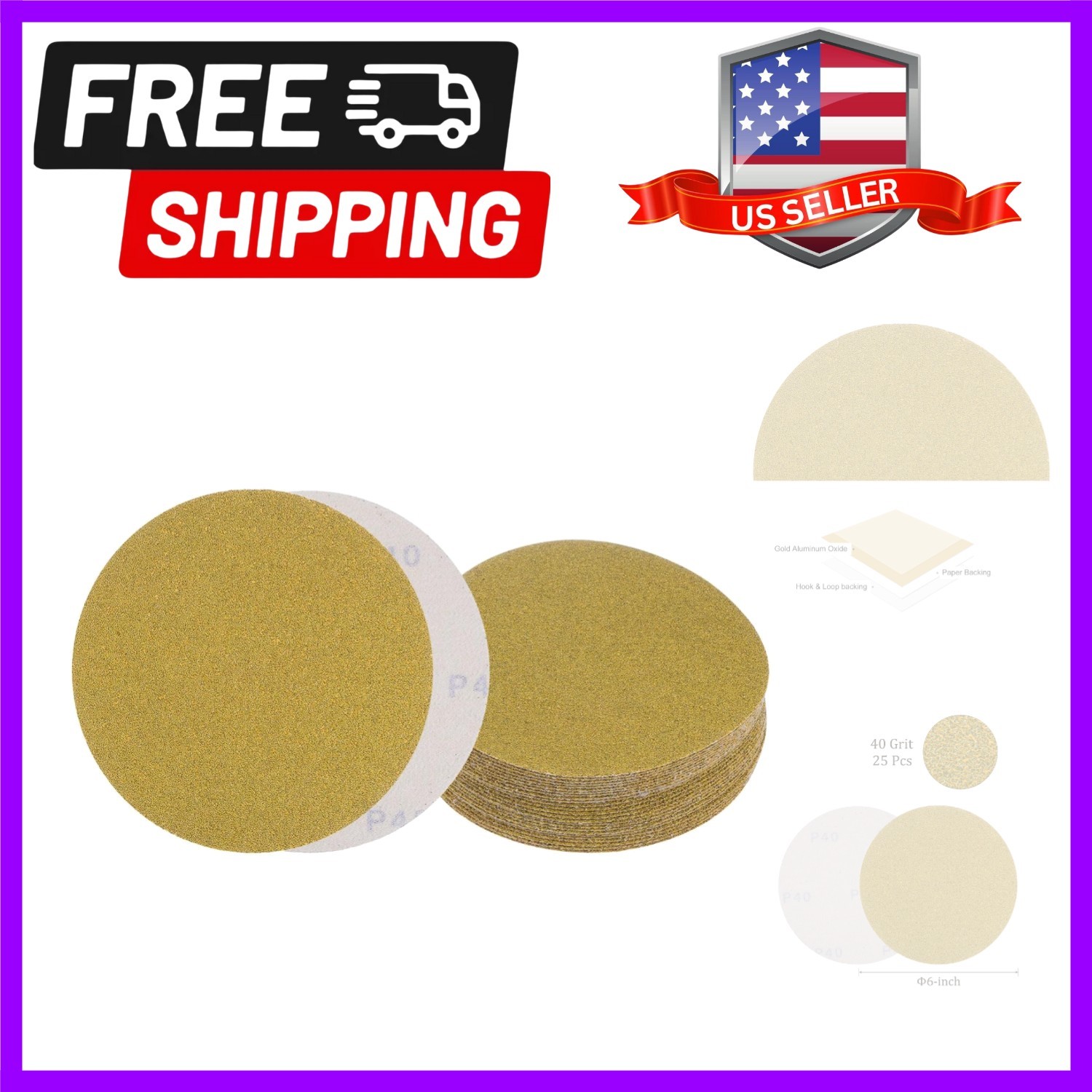 25pcs No Hole Sanding Discs- [ 6 Inch 40 Grit ] Round Hook and Loop Grip Sand…