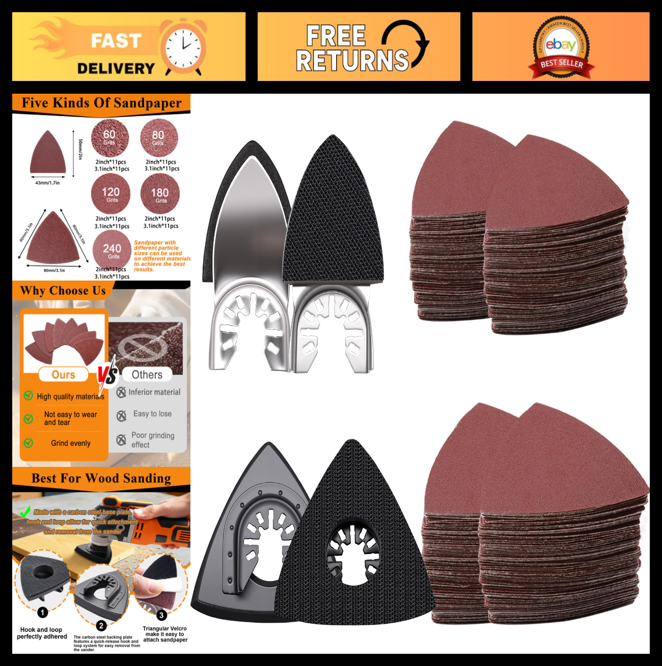 114Pcs Oscillating Tool Sanding Pads Kit – Triangle & Finger Sandpaper Set, Grit