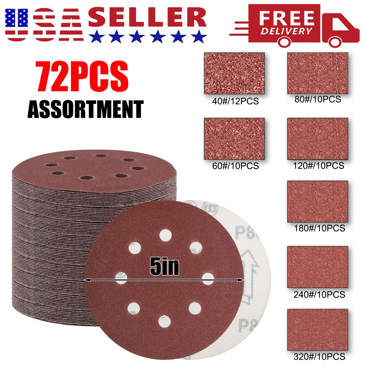 72PCS 40-320 Grit Sanding Discs 5 inch 8-Hole Hook Loop Orbital Sander Paper NEW