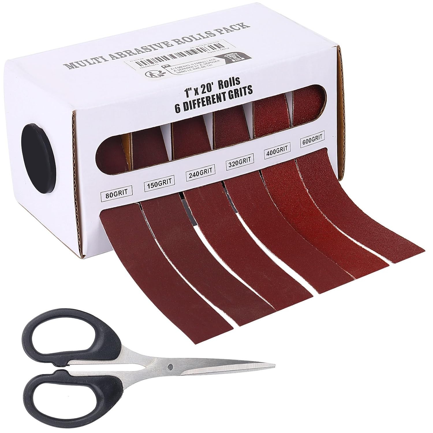 Emery Cloth Roll 6-Pack 80-600 Grit Sandpaper Dispenser Scissors Metal Wood