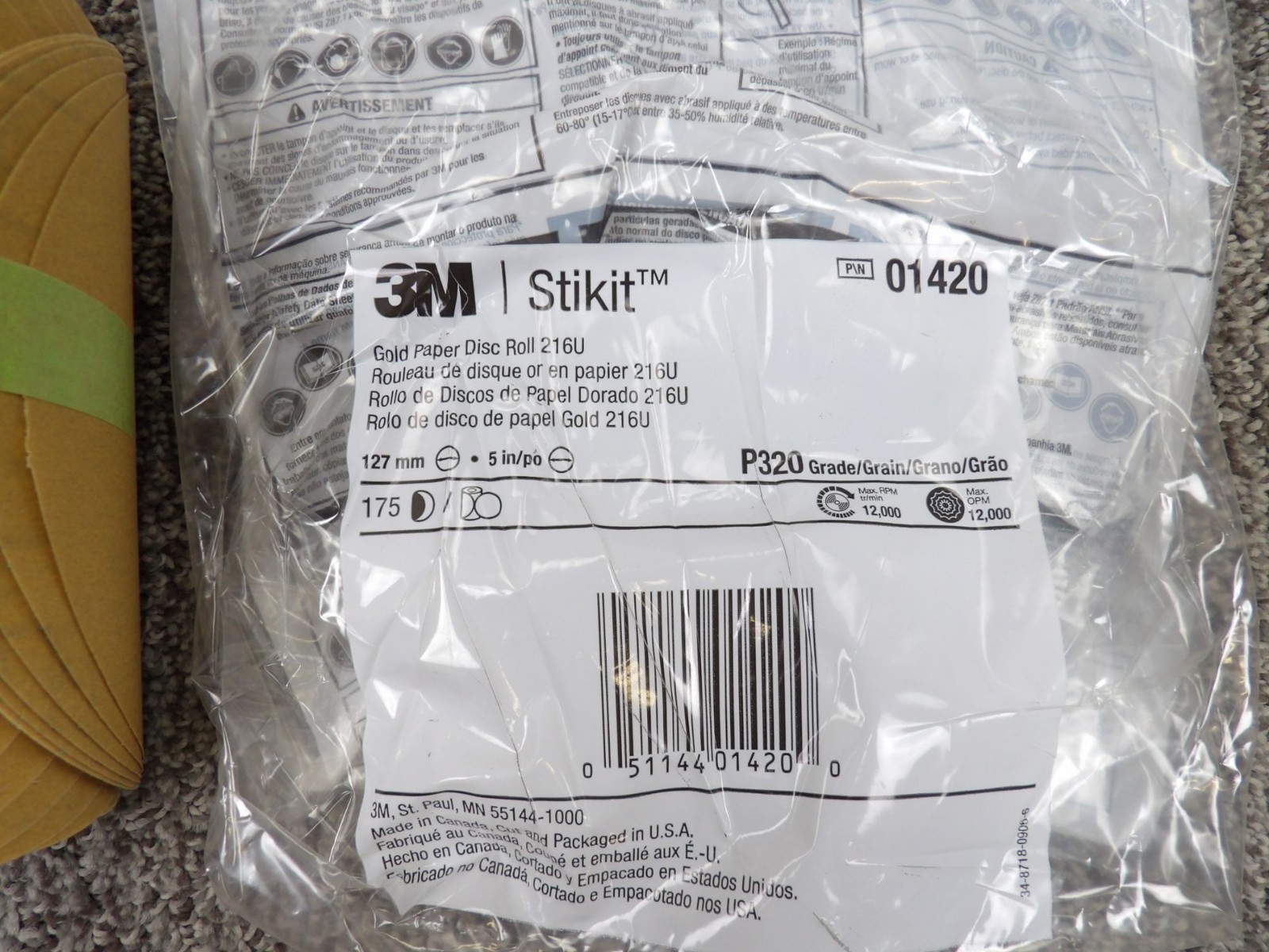 3M Stikit Gold Paper Disc Roll 216U P320 Grit 5 Inch 175 Discs Per Roll
