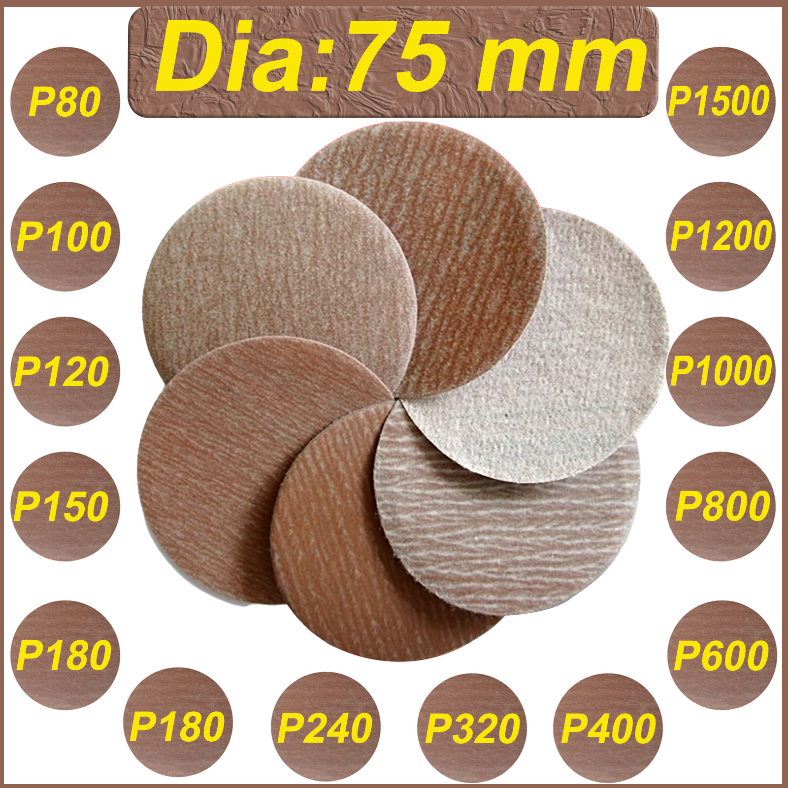 75mm Dry Sanding Discs 3 inch Rounded Sandpaper Pads Grit 40~1500 No Hole Brown