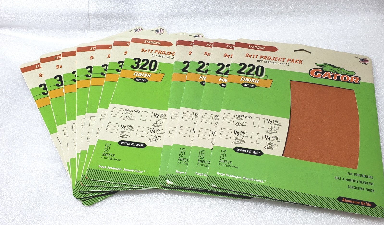 12 Packs of 5 EA.- Gator 4465 220 Very Fine, 4466 320 X Fine Sandpaper 9″x 11″