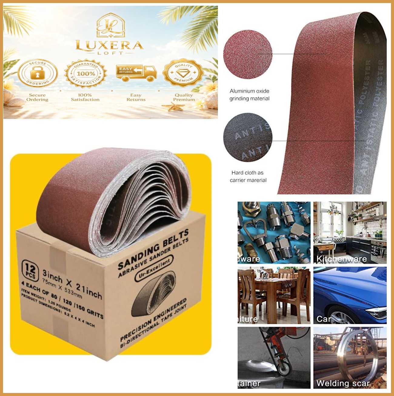 Sanding Belt Pack 3×21 Inch 12 Pcs 4 Each 80 120 150 Grit Aluminum Oxide Wood