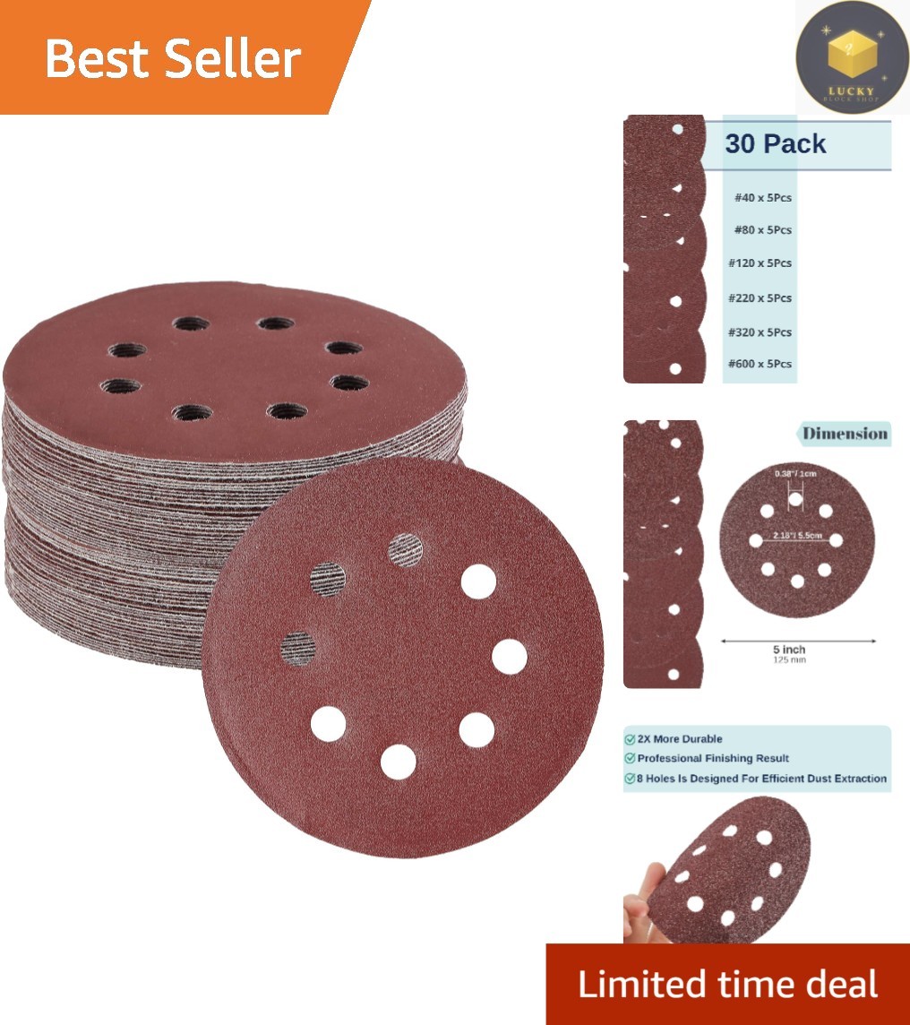 5 Inch Sanding Discs 30 Pack – Assorted Grits 40-600 for Orbital Sanders