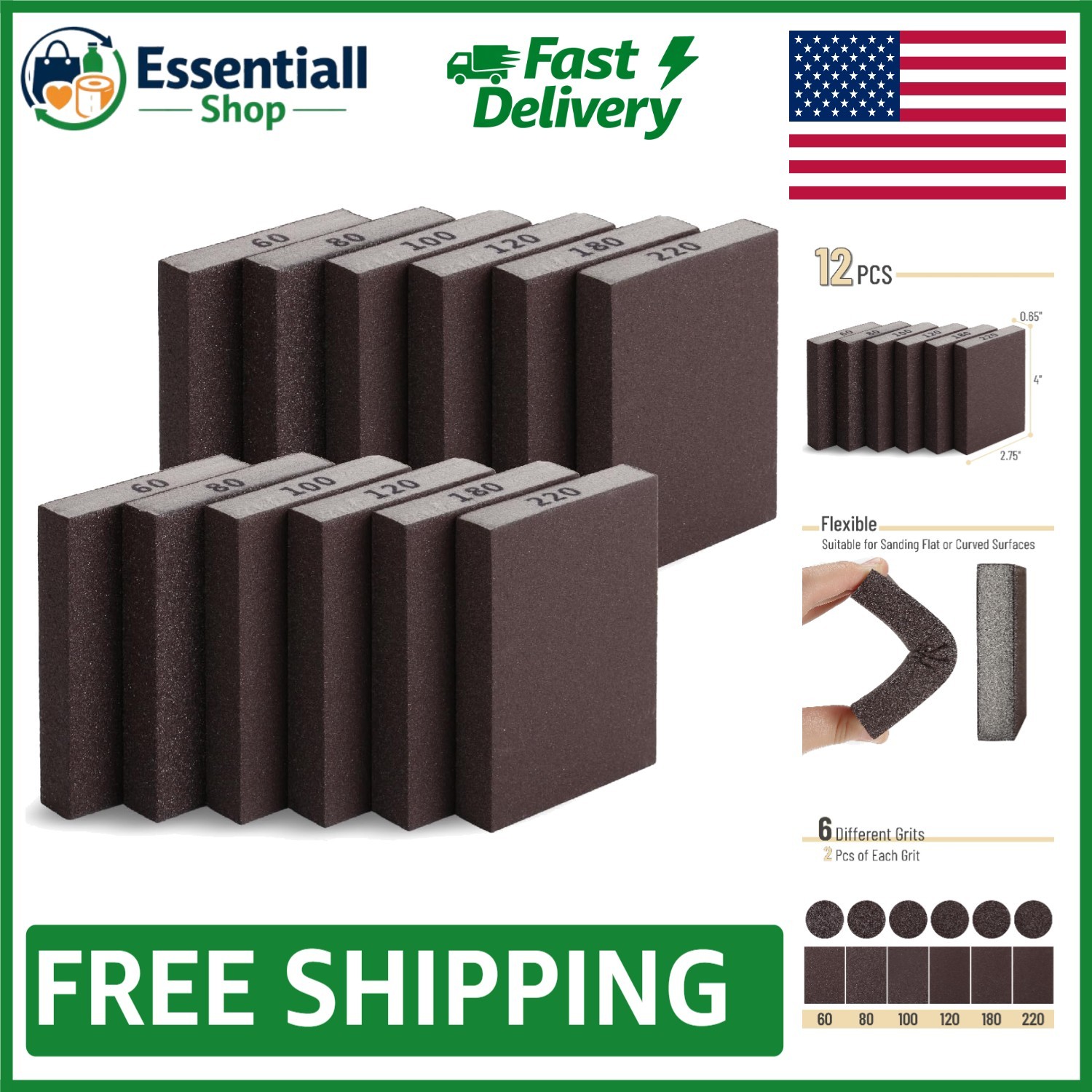 Bates 12-Piece Sanding Sponge Set: Reusable Grits 60-220 for Perfect Finishing