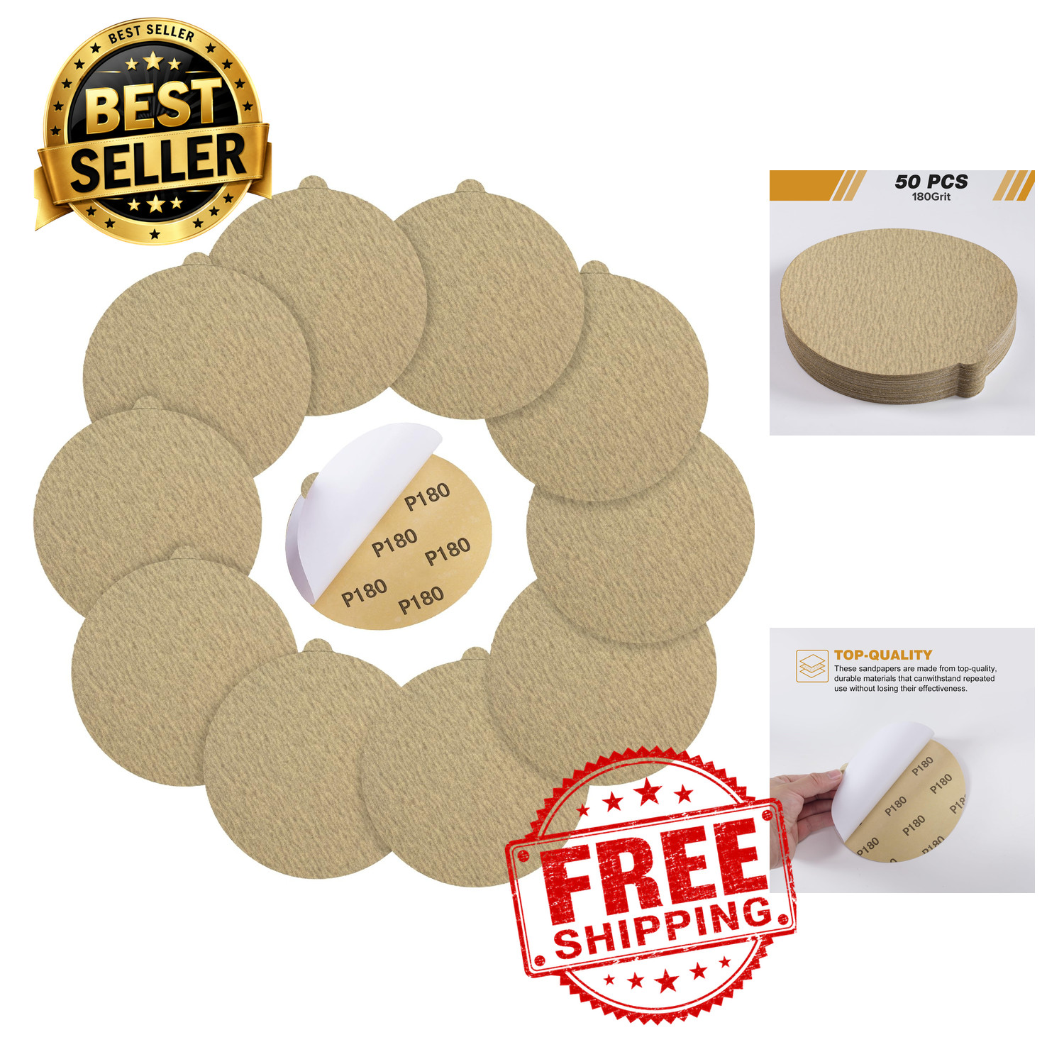 PSA Sanding Discs 6 Inch 180 Grit 50 Pack Self Adhesive Stickyback Sandpaper