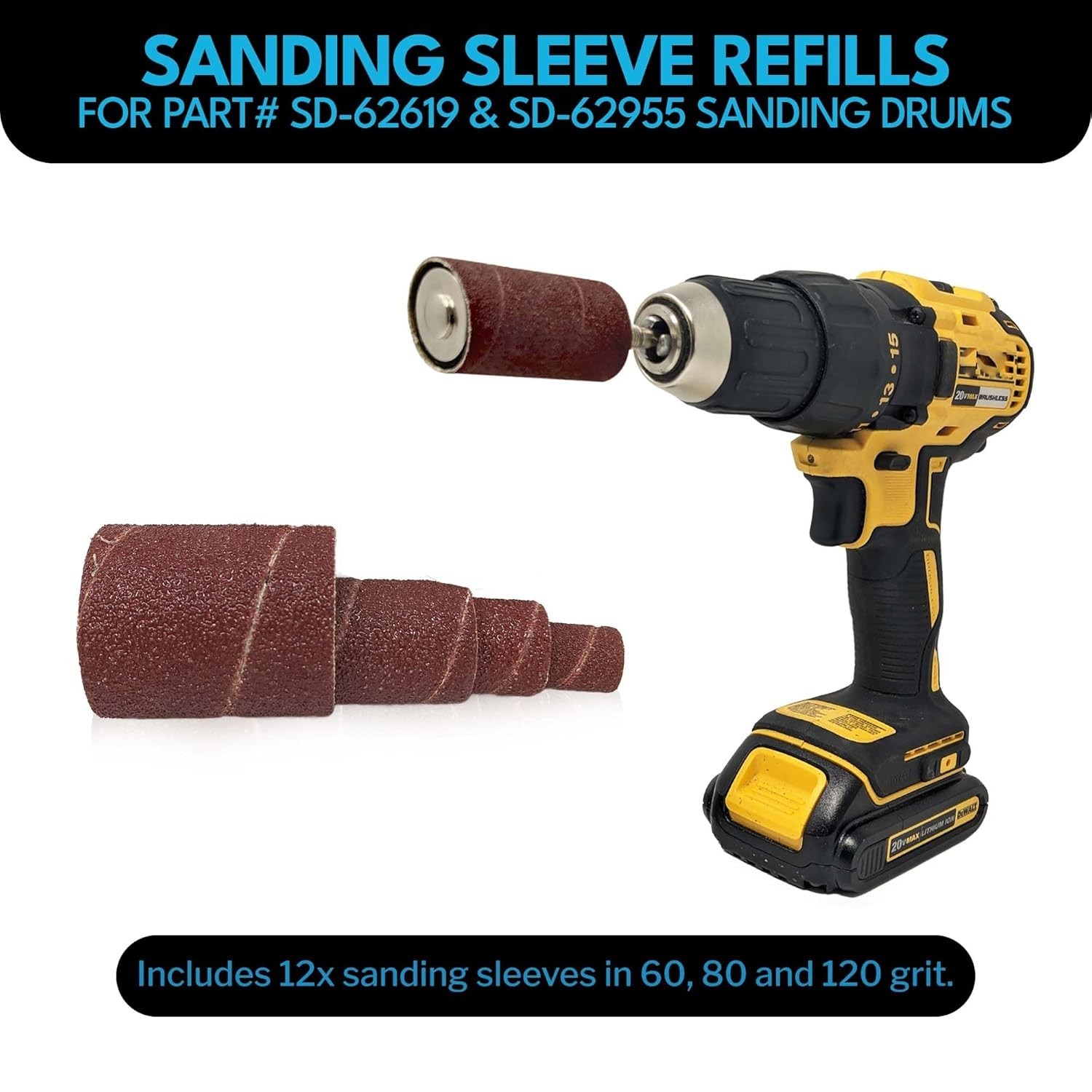12 Pack Spindle Sanding Sleeves, 2 Inch Long, 60, 80 and 120 Grit