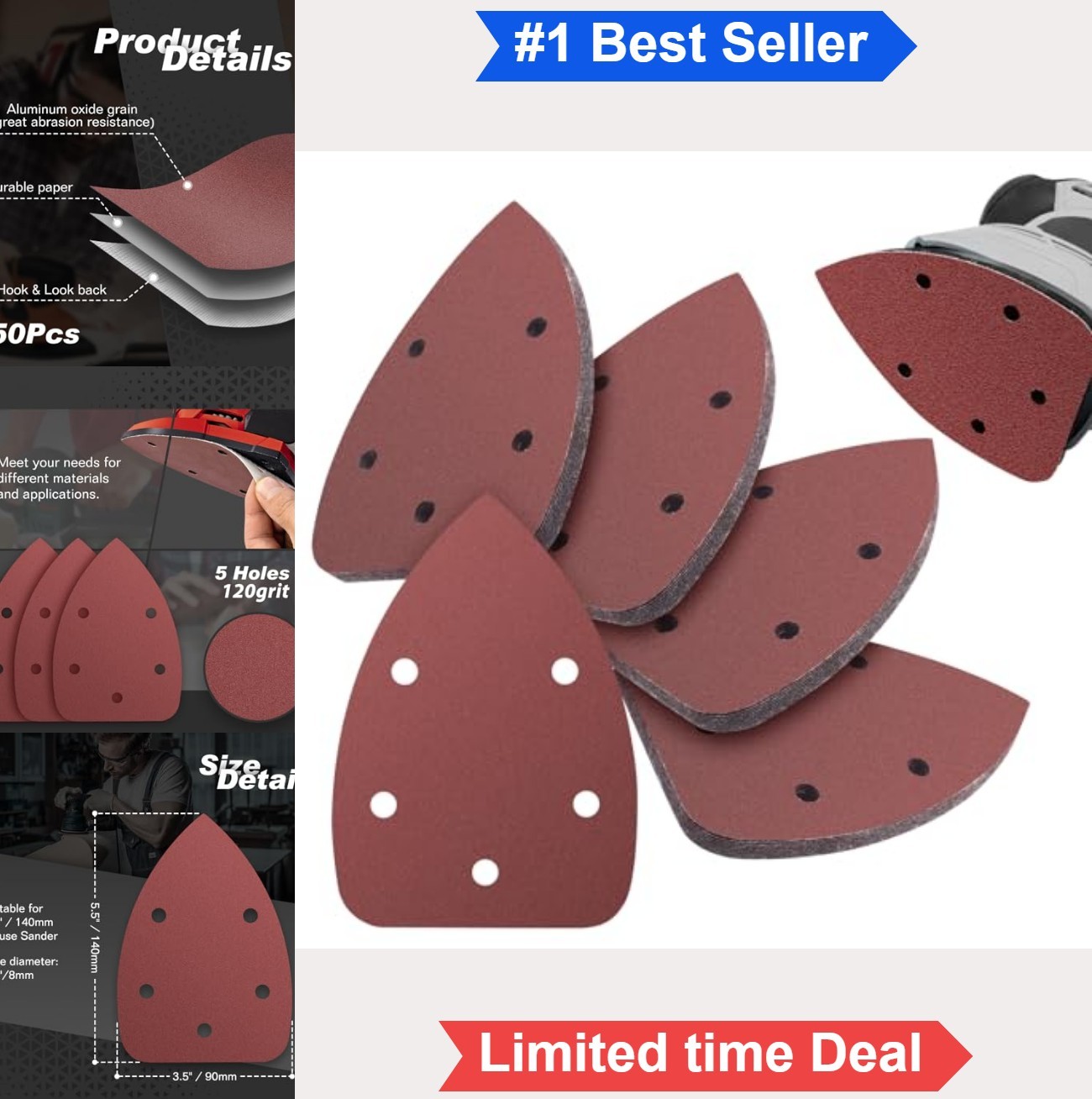 50PCS Triangle Sanding Pads 120 Grit 5 Holes 5.5 Inch Hook and Loop Aluminum