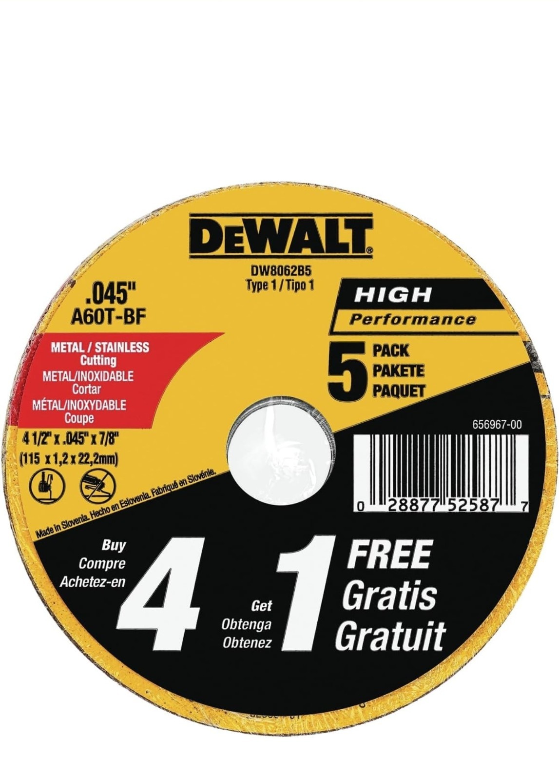 DEWALT DW8062B5 4-1/2in x .045 Type 1 Metal Cut-Off Wheels 5 Pack