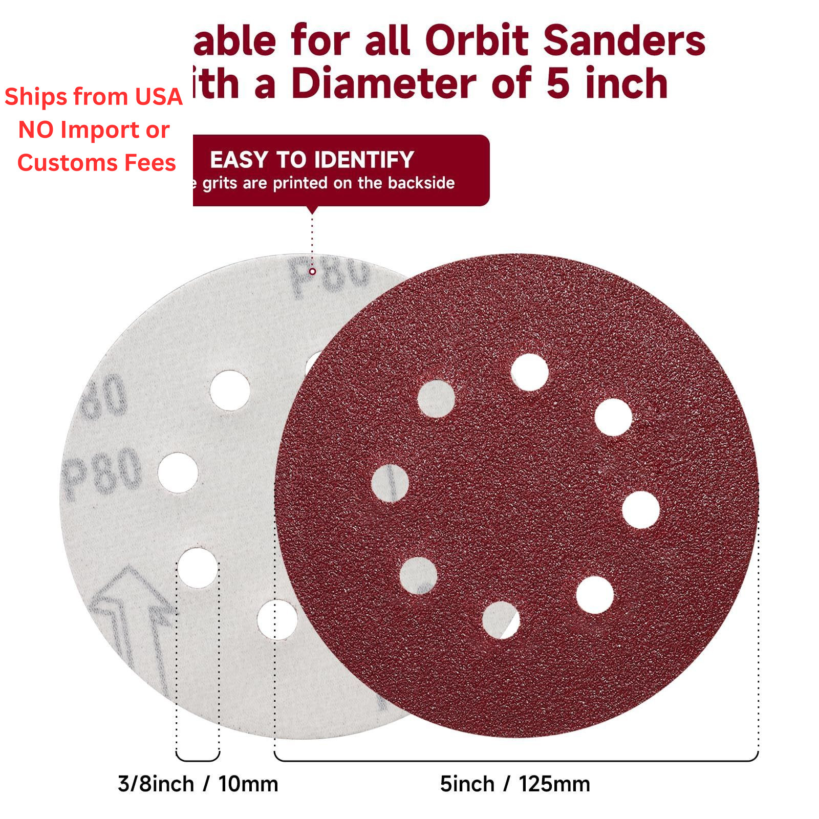 POTUINOM 100PCS 5 Inch Sanding Discs 40 Grit Sandpaper for 5 inches, Red