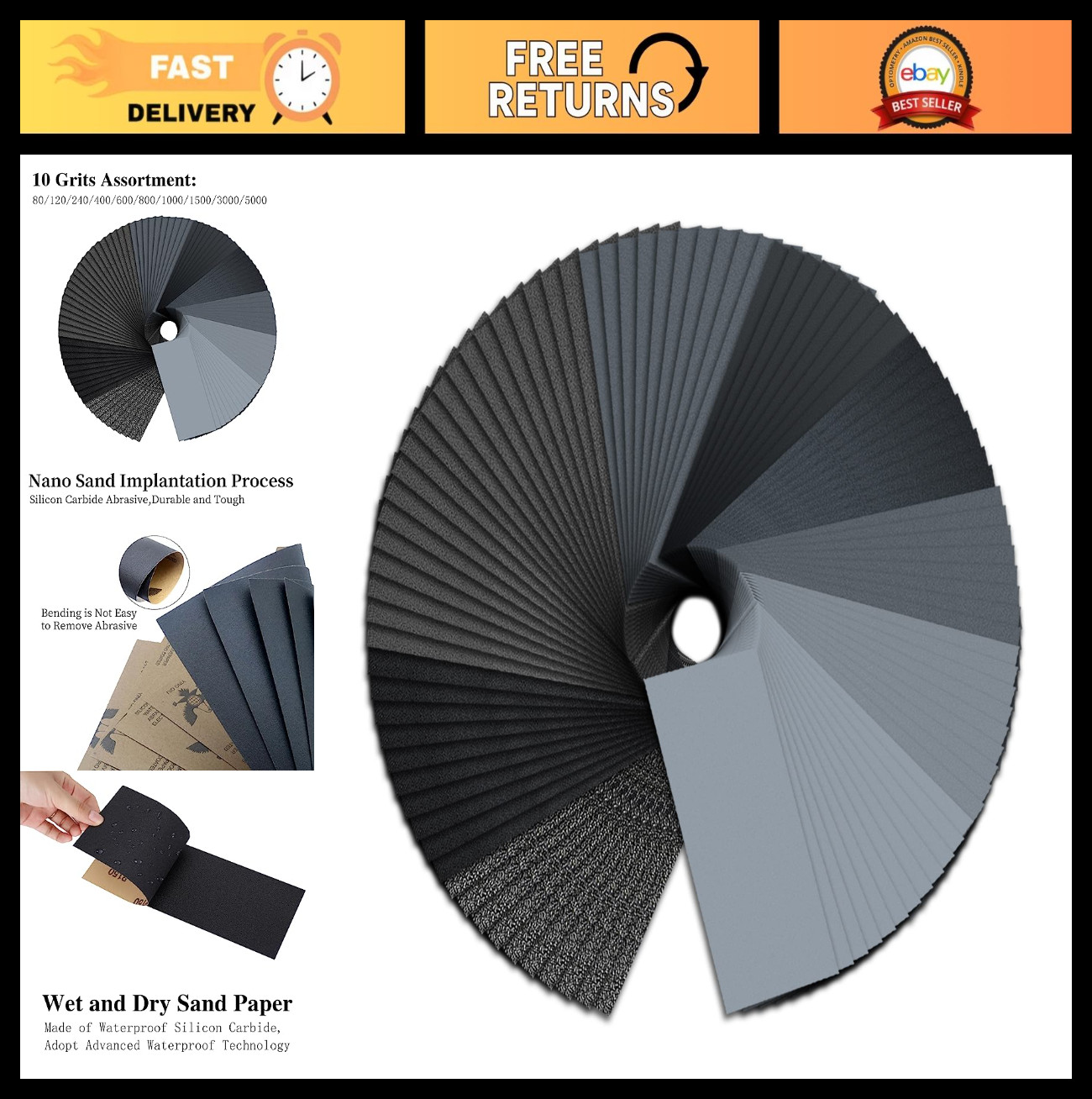 100PCS Assorted Grit Sandpaper 80-5000 for Wood, Metal, Automotive Polishing
