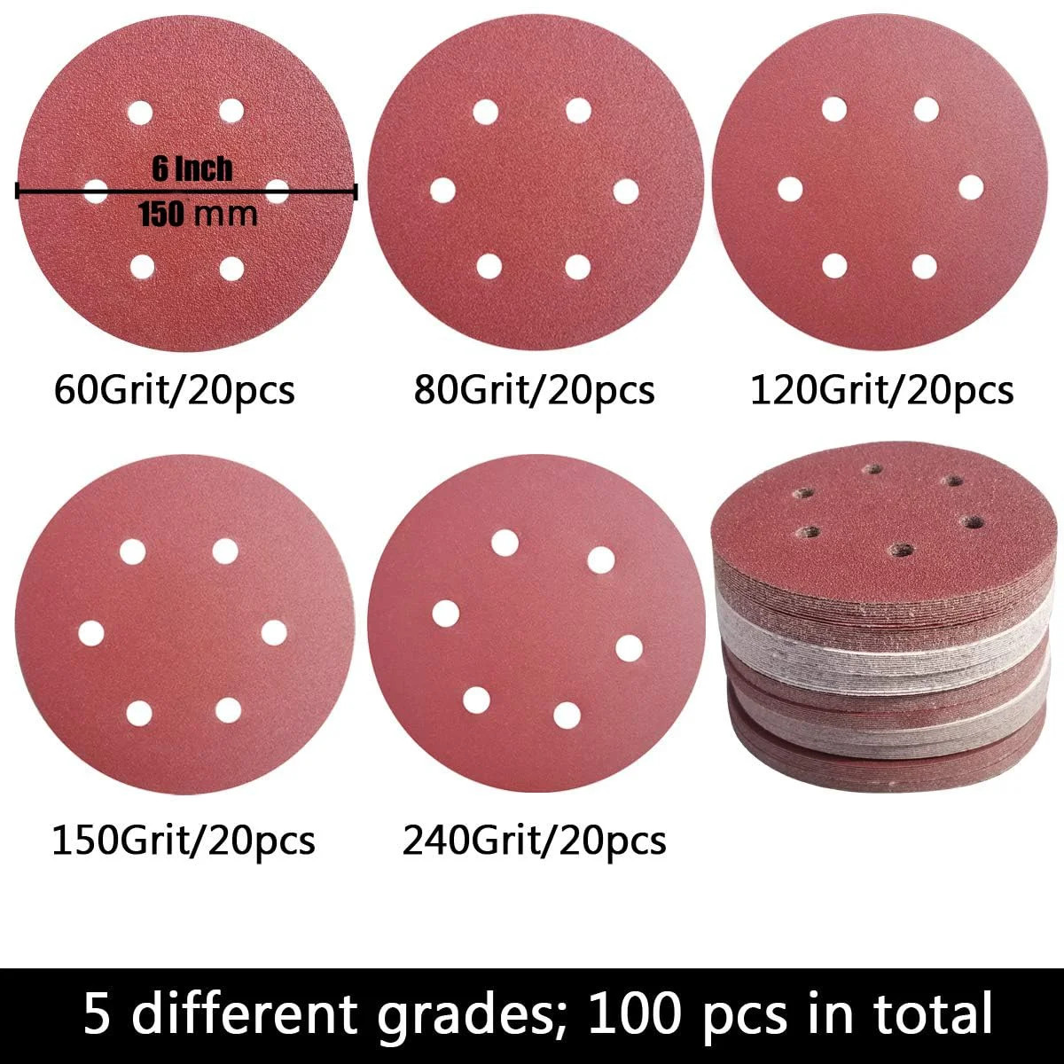 100 PCS 6 Inch 6 Holes Sanding Disc Assorted – 60 80 120 150 240 Grits, 6″ Hook