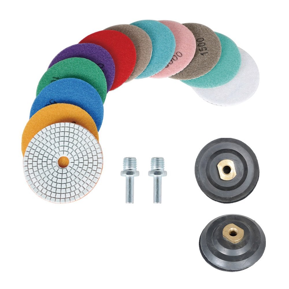14 Pcs 4″ Diamond Polishing Pads Kit w/ 2 Pcs 5/8″-11″ Backer Pads For Polishing