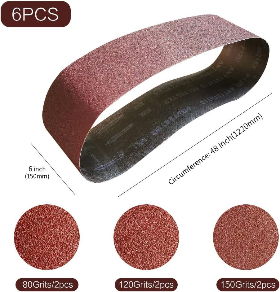 6 X 48 in 6X48 Sanding Belt Pack 6-Inch X 48-Inch,6 Pcs(2 Each of 80 120 150 Gri