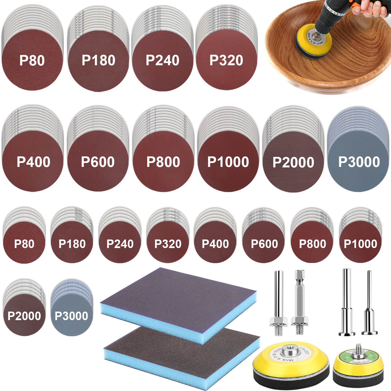 160pcs Sanding Discs Kit 2/3in 80-3000 Grit Sandpaper Backer Pads for Drill