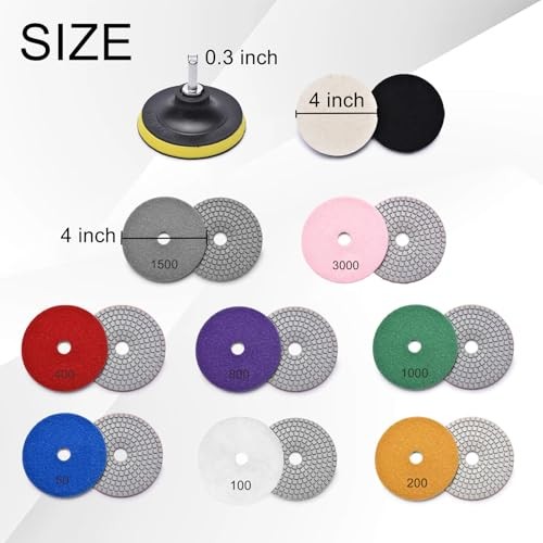 18 PCS 4 Inch Diamond Polishing Pads, 50-3000 Grit Wet/Dry Polish Pad Kit 4inch