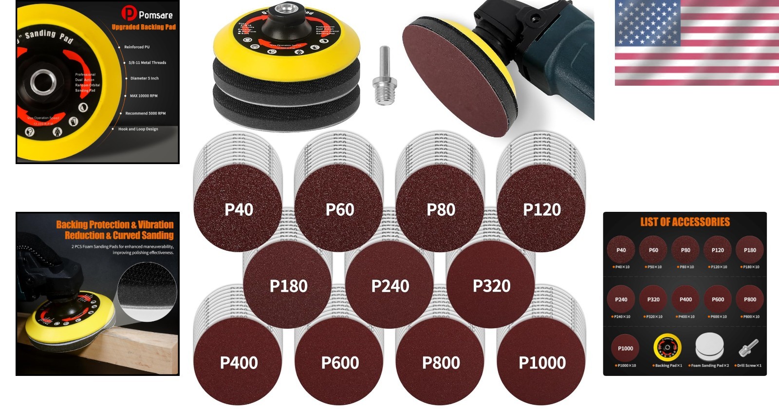 114PCS Sanding Discs for Angle Grinders, 5″ Hook & Loop Attachment