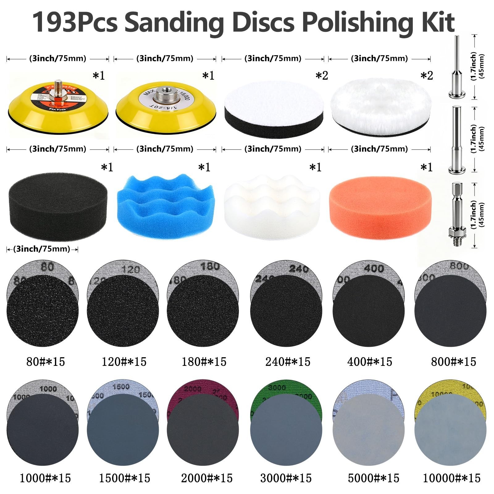 193Pcs 3″ Hook & Loop Sanding Discs Kit – Grits 80-10000, Wet/Dry Buffing Pads f